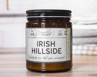 Irish Hillside candle · Ireland themed fresh scented candle in amber jar · turf, fire, gorse, mint