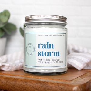 May include: A white candle jar with a silver lid. The label reads "Novelly Yours" with a raindrop logo and "rain storm" in blue text. The scent description is "Rain, Fog, Ozone, Fern, Fresh Outdoors".