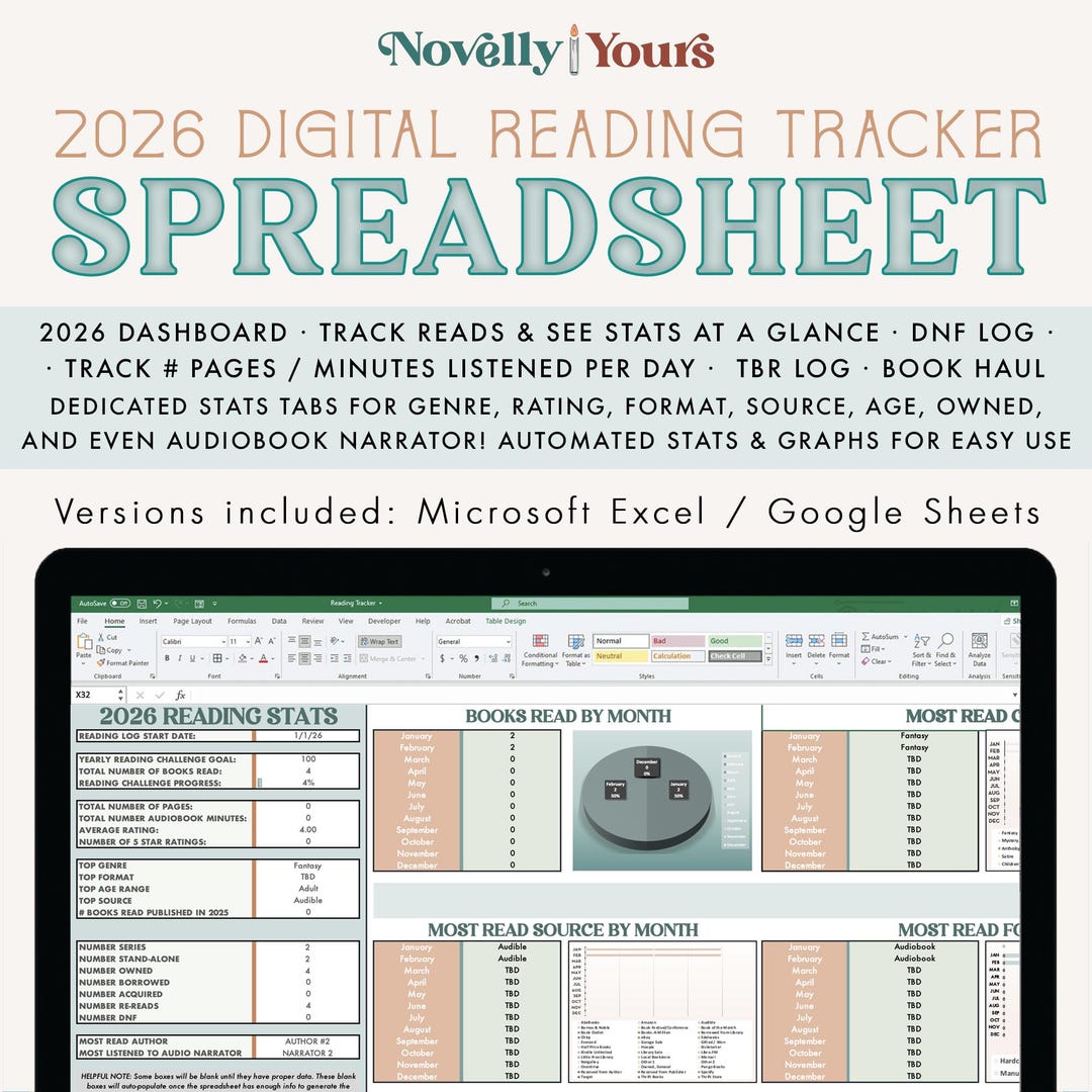 2026 Reading Log & Data Tracker Spreadsheet · microsoft Excel + Google ...