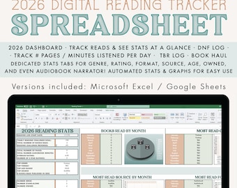2026 Reading Log & Data Tracker spreadsheet · Microsoft Excel + Google Sheets Compatible · Track your books and stats