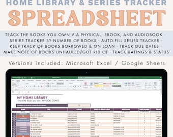 Pode incluir: Uma planilha digital para rastreamento de biblioteca doméstica e séries de livros exibida na tela de um laptop. A interface inclui colunas para status, título, autor, nome da série e formato. Texto: Novelly Yours, Home Library & Series.