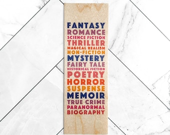 Book Genres (colorful) woodmark · wooden bookmark, reader gift, bookish, literary theme