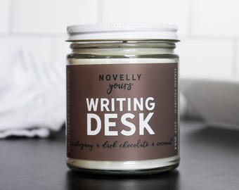 Writing Desk - Book Candle - author gift, scented candle for readers, chocolate coconut mahogany soy wax, 9oz