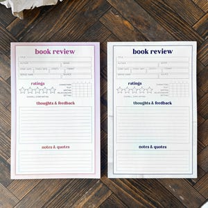 May include: Two rectangular paper sheets for book reviews. The left sheet features pink text and borders, while the right sheet has dark blue text and borders. Both include fields for title, author, genre, dates, ratings with five stars, and sections for thoughts, feedback, notes, and quotes.