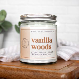 Vanilla Woods · scented candle, cedar, vanilla, sandalwood fragrance