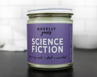 Book Candle - Science Fiction - sci-fi reader gift, fresh earthy scented soy wax candle for bookworms, 9oz