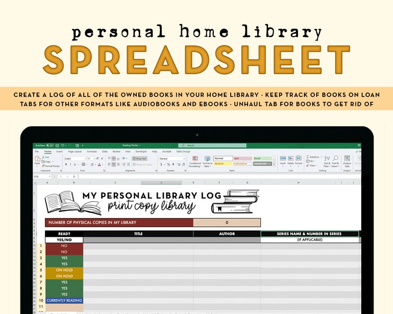 Personal Home Library Log spreadsheet catalog the books you own image 1