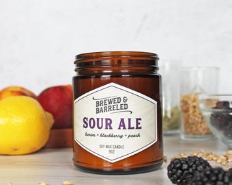 Sour Ale - beer lover gift, amber glass jar candle - lemon, blackberry, peach, 9oz