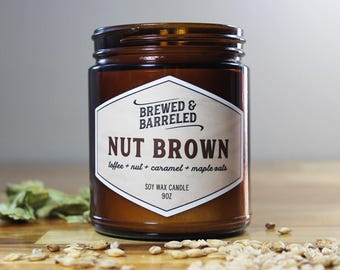 Nut Brown - beer lover's candle - amber jar, toffee nut caramel oats, craft beer gift, 9oz