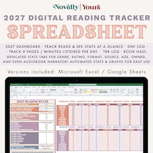 May include: A 2027 digital reading tracker spreadsheet displayed on a laptop screen. The interface includes a dashboard for tracking books, pages, and audiobook minutes, with automated stats, graphs, a DNF log, and a TBR log for Microsoft Excel and Google Sheets.