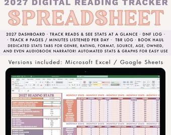 May include: A 2027 digital reading tracker spreadsheet displayed on a laptop screen. The interface includes a dashboard for tracking books, pages, and audiobook minutes, with automated stats, graphs, a DNF log, and a TBR log for Microsoft Excel and Google Sheets.