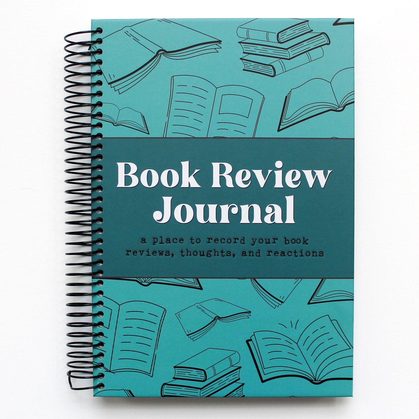 A teal spiral-bound book cover titled "Book Review Journal". It features illustrations of open and closed books, with a playful, inviting tone.