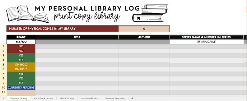 Personal Home Library Log spreadsheet catalog the books you own image 2
