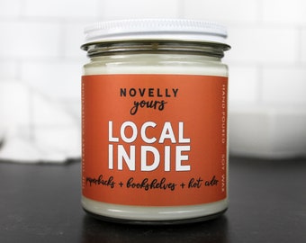 Book Candle - Local Indie - gift for readers, bookstore themed, cider & book pages scented soy wax candle, 9oz