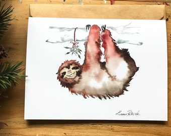 Sloth Christmas Card, Mistletoe Card, Blank Art Card