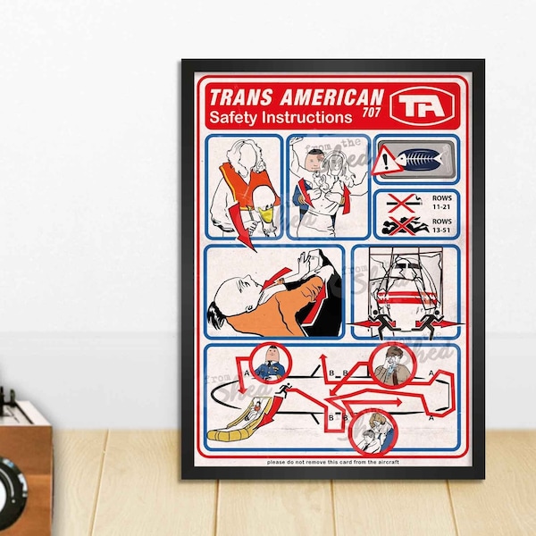 Airplane - Trans American - In Flight Safety Information - Vintage A4 Wall Art Print - Retro Advertising - 80s Movie - Aviation - Comedy