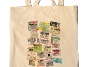 90s BRITPOP & INDIE Bands - Vintage Music Concert Ticket Shopping Bag - Manchester - Brit - Guitar Bands - Dad Rock - Vinyl