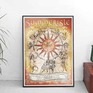 May include: A vintage poster for the Summerisle May Day Festival in 1973. The poster features a stylized sun with a face and a compass design. The text reads "Summerisle May Day Festival 1973" and "Nade, mighty god of the sun, accept our sacrifice and be appeased.  Anilenas, bowing to our gods, gather by our orchards, accept our sacrifice and bless our blossoms fruit."