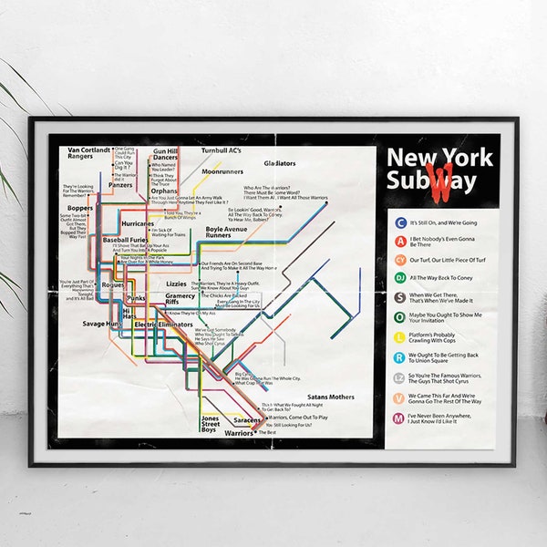 The Warriors - Vintage Style Movie Quotes Subway Map - Wall Art - Print - New York - Coney Island - NYC - Gangs - 1979 - Movie Memorabilia