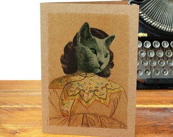Green Lady Cat Greeting Card: Vintage Art Humor