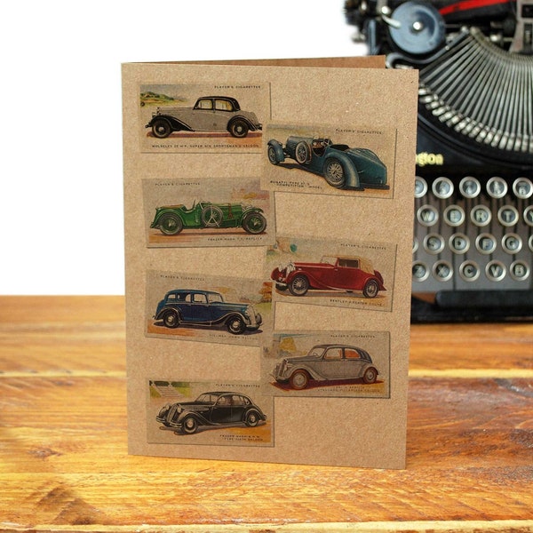 VINTAGE Classic CARS - Recycled Greeting Card - Cigarette Cards - Art - UK - Motor Car - Dad - Antique - nostalgia - Birthday