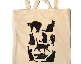 BLACK CAT Tote Shopping Bag  Retro  Vintage Style  Art  Funny  Cat Lover Humor  Witchy