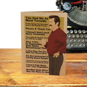 Citations de Ron Swanson - carte de voeux - recyclé - parcs et loisirs - comédie - Pawnee - steak - Duke Silver