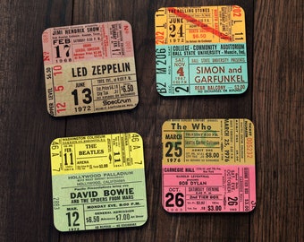 VINTAGE 60s / 70s Concert Tickets - Drinks Coasters Set - Classic Rock Bands - Music Legends - Vinyl - Music Lover