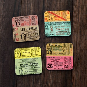 VINTAGE 60s / 70s Concert Tickets - Drinks Coasters Set - Classic Rock Bands - Music Legends - Vinyl - Music Lover