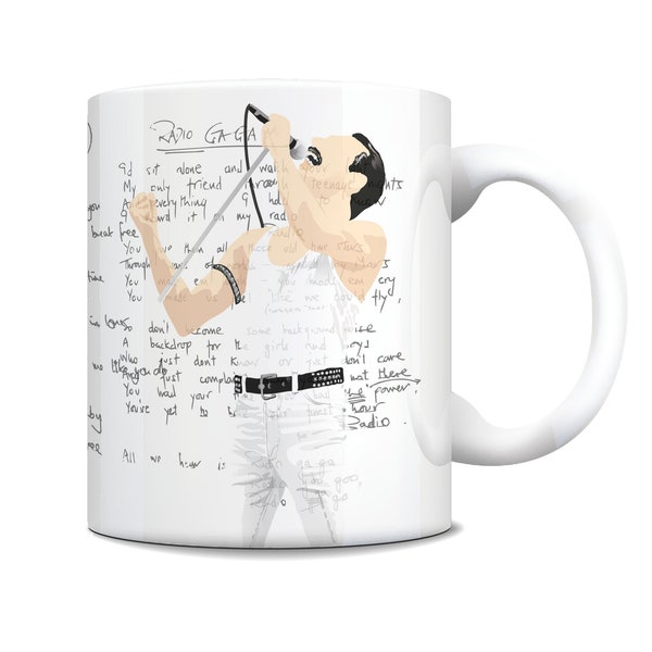 Freddie Mercury - Queen - Coffee Mug / Cup - Song Lyrics - Radio Ga Ga - I Want to Break Free - Show Must Go On - 80s Music