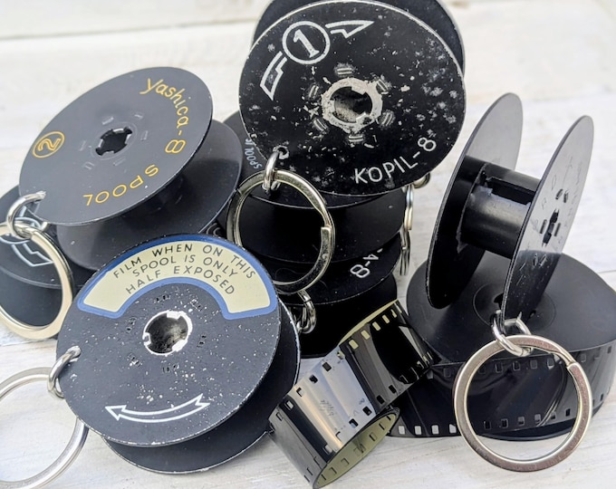 SUPER 8 Cine Camera Film Reel Bag Charm Key Ring Repurposed