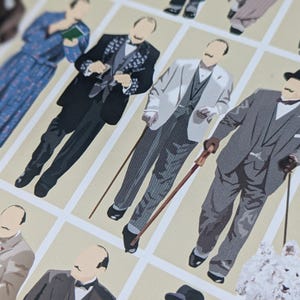 May include: Illustration featuring several figures in vintage suits and attire, each with a mustache. The figures are depicted in various colours and patterns, some holding canes. The background is a grid pattern.