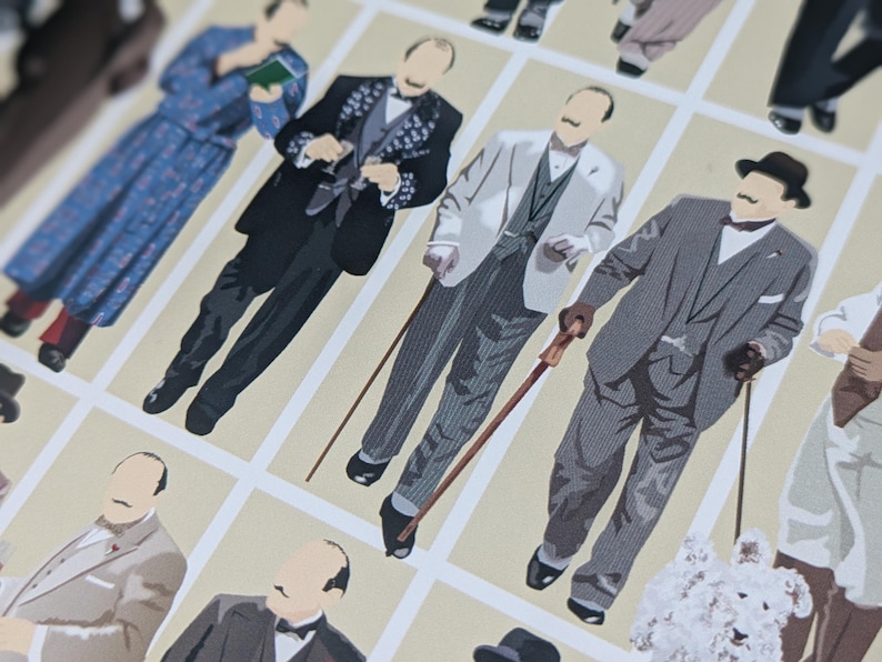 May include: Illustration featuring several figures in vintage suits and attire, each with a mustache. The figures are depicted in various colours and patterns, some holding canes. The background is a grid pattern.