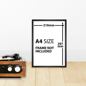 May include: A black frame with a white background and the text "A4 SIZE FRAME NOT INCLUDED" and measurements in millimeters. The frame is 210mm wide and 297mm tall.