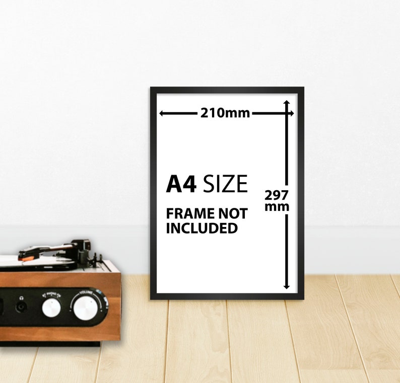 May include: A black frame with a white background and the text "A4 SIZE FRAME NOT INCLUDED" and measurements in millimeters. The frame is 210mm wide and 297mm tall.