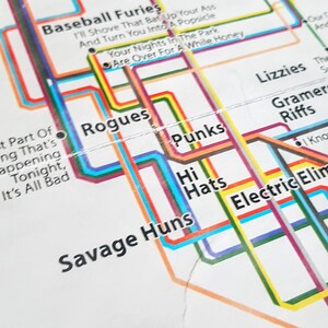 May include: A colorful subway map with the names of different bands, including "Baseball Furies", "Rogues", "Punks", "Hi Hats", "Savage Huns", "Lizzies", "Gramercy Riffs", and "Electric Eliminators".