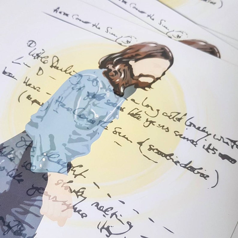 May include: A hand-drawn illustration of a person with long brown hair wearing a blue shirt and jeans. The illustration is on a yellow background with handwritten text that reads "along wild lonely with like yesus send its" and "slovky nafting".