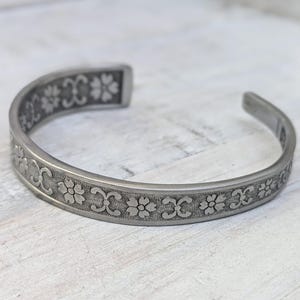 Stainless Steel Floral Cuff Bangle Bracelet Handmade Upcycled Unisex Boho Jewelry