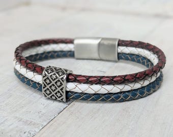 STARS and STRIPES Handmade LEATHER Bracelet : Mens Fashion Jewelry Red White and Blue