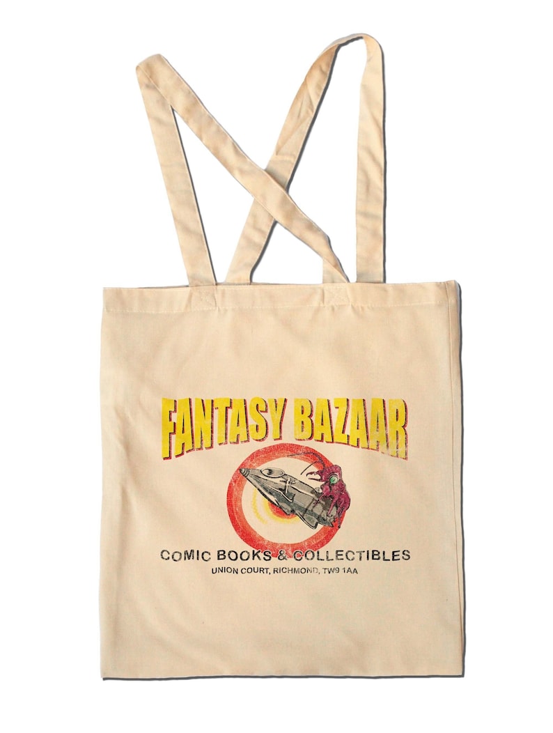 fantasy bazaar comic shop spaced tote bag