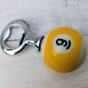POOL BALL Beer Bottle Opener Upcycled Mancave Barware Yellow Stripe 9