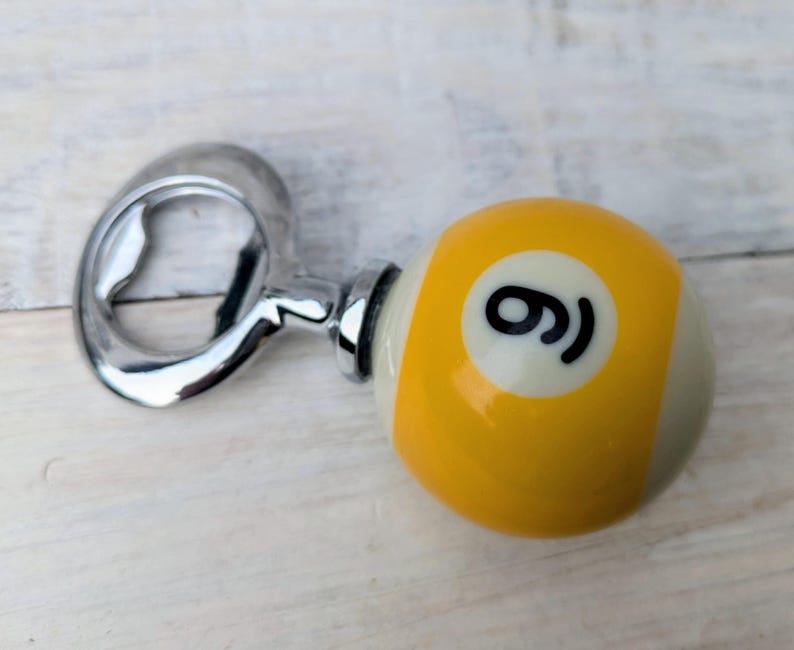 POOL BALL Beer Bottle Opener Upcycled Mancave Barware Yellow Stripe 9