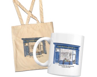 Notting Hill - Travel Book Shop - Tote Shopping BAG & MUG - Movie - London - Vintage Style - 90s - Comedy - Rom Com - Libros