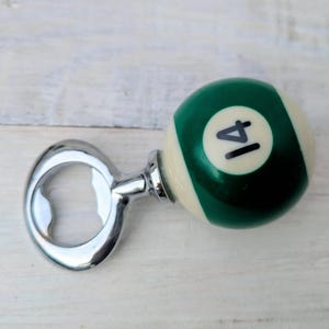 POOL BALL Beer Bottle Opener Upcycled Mancave Barware Green Stripe 14