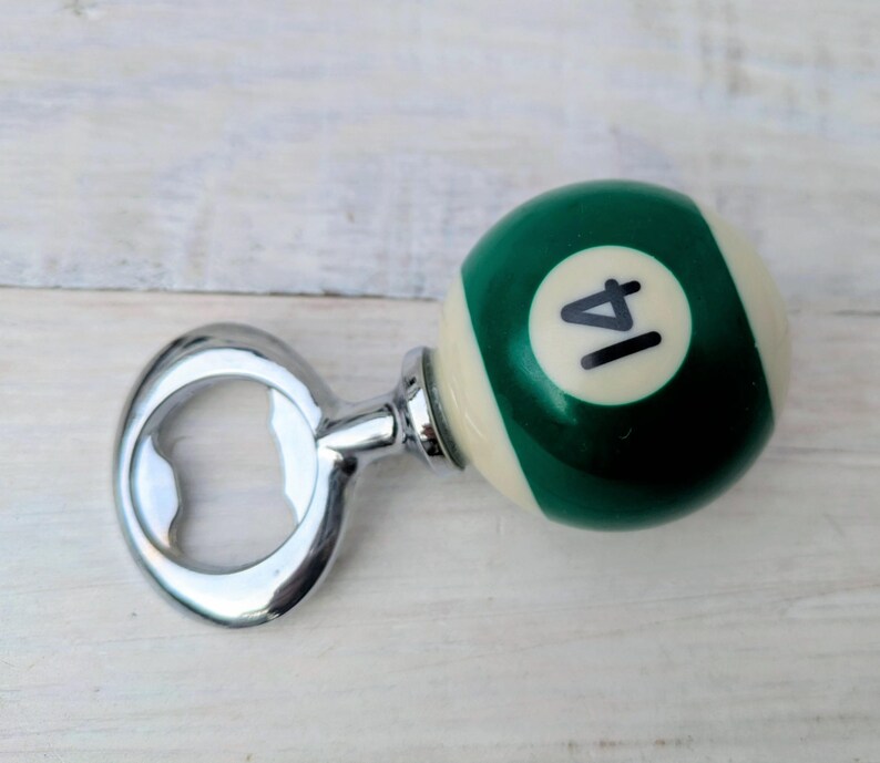 POOL BALL Beer Bottle Opener Upcycled Mancave Barware Green Stripe 14