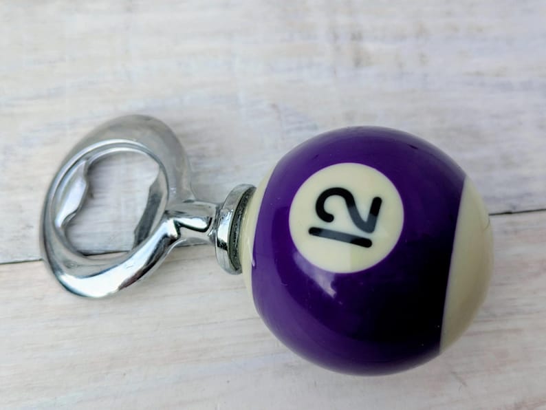 POOL BALL Beer Bottle Opener Upcycled Mancave Barware Purple Stripe 12