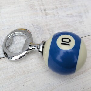 POOL BALL Beer Bottle Opener Upcycled Mancave Barware Blue Stripe 10