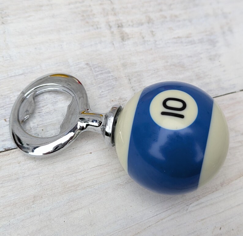 POOL BALL Beer Bottle Opener Upcycled Mancave Barware Blue Stripe 10