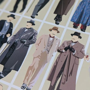 May include: A print featuring illustrations of figures in vintage suits, coats, and hats. The figures are arranged in a grid, with a colour scheme of browns, greys, and tans. Some figures are holding canes or glasses of wine.