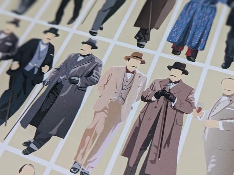 May include: A print featuring illustrations of figures in vintage suits, coats, and hats. The figures are arranged in a grid, with a colour scheme of browns, greys, and tans. Some figures are holding canes or glasses of wine.